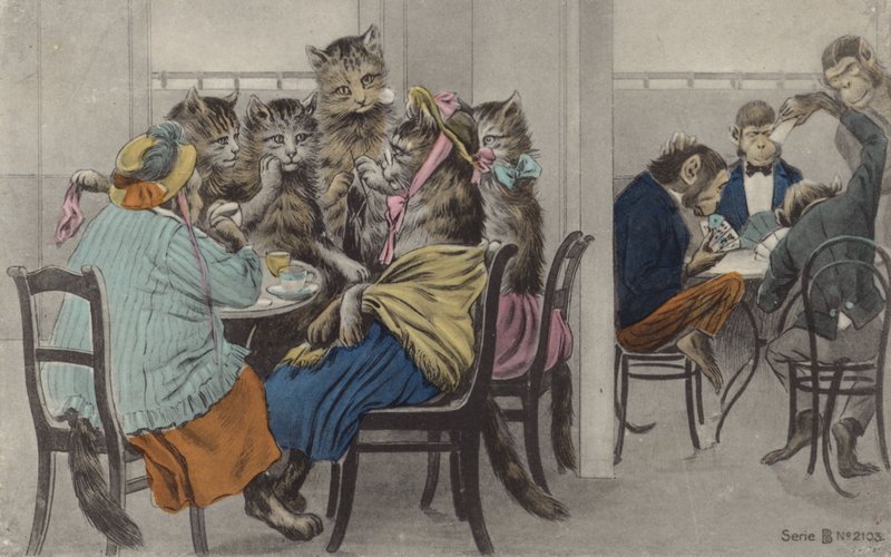 Gatti che bevono tè e scimmie che giocano a carte (litografia a colori) da English School