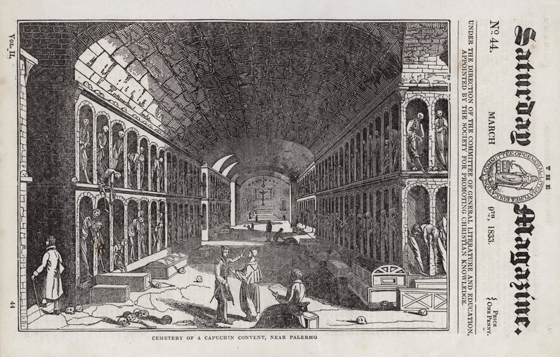 Cimitero, Convento dei Cappuccini, vicino a Palermo, Sicilia, Italia (incisione) da English School