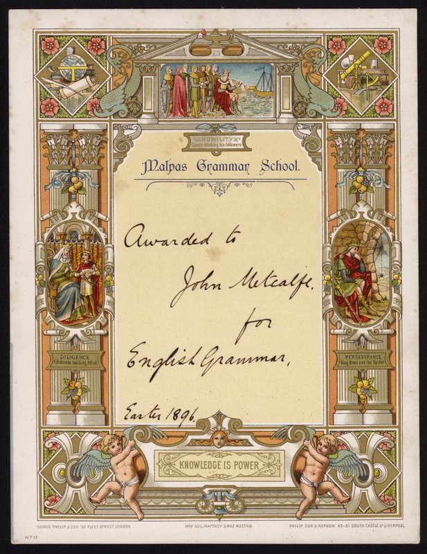 Certificato di grammatica inglese assegnato a un alunno della Malpas Grammar School, Cheshire da English School