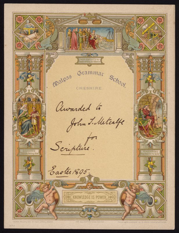 Certificato di scrittura assegnato a un alunno della Malpas Grammar School, Cheshire da English School
