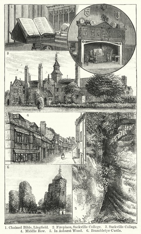 Bibbia incatenata, Lingfield; Camino, Sackville College; Sackville College; Middle Row; In Ashurst Wood; Castello di Brambletye (incisione) da English School