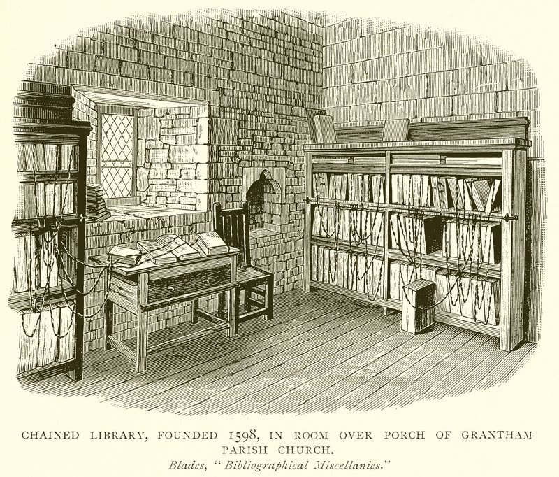 Biblioteca Incatenata, fondata nel 1598, nella Stanza sopra il Portico della Chiesa Parrocchiale di Grantham da English School