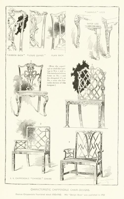 Disegni caratteristici di sedie Chippendale da English School
