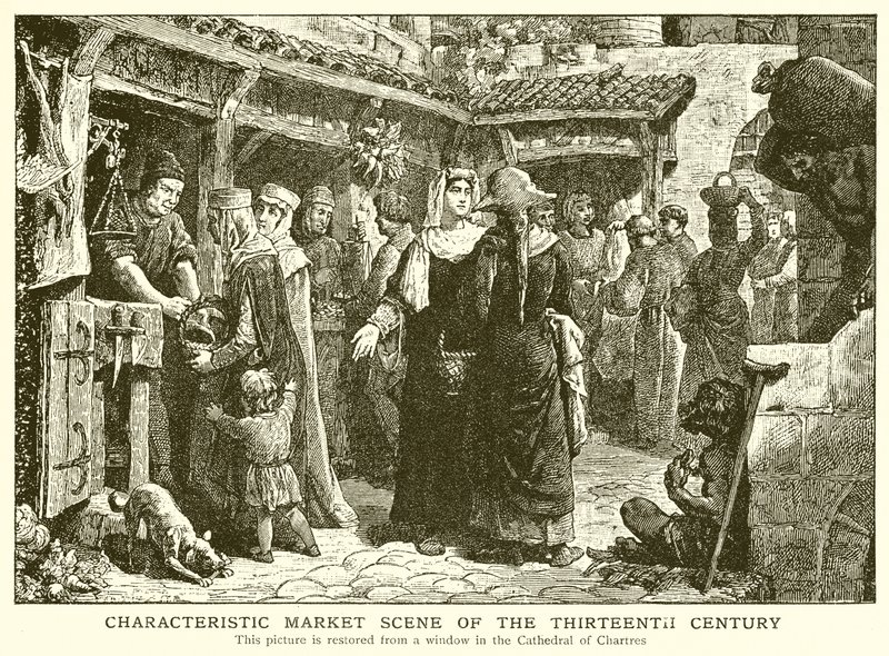 Scena di mercato caratteristica del XIII secolo da English School