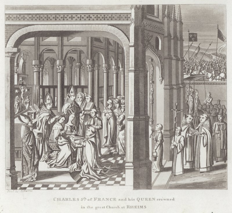 Carlo V di Francia e la sua regina incoronati nella grande chiesa di Reims da English School