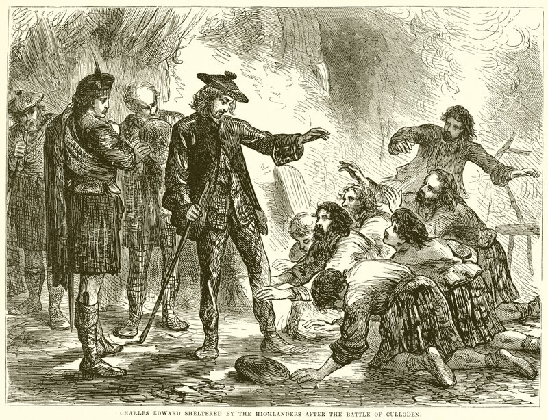 Carlo Edoardo protetto dagli Highlander dopo la Battaglia di Culloden da English School