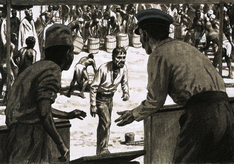 Charles Osborne e il capitano Stott stendono barili di rum sulla spiaggia da English School
