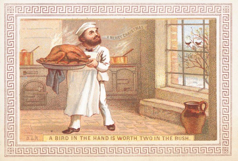 Chef che tiene un piatto di tacchino, Cartolina di Natale da English School