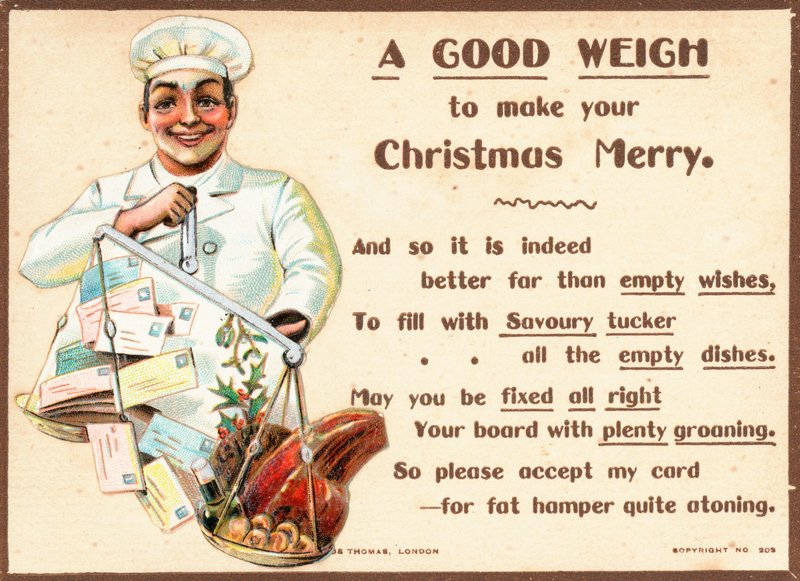 Chef che pesa lettere e cibo su bilance, biglietto di Natale da English School
