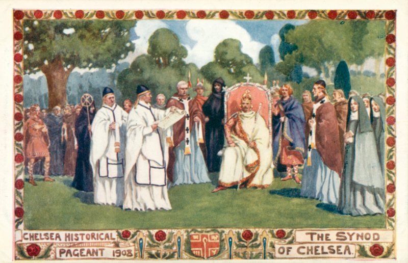 Pageant Storico di Chelsea 1908, il Sinodo di Chelsea (litografia a colori) da English School