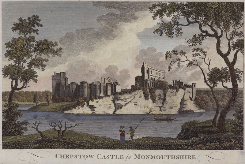 Castello di Chepstow, Monmouthshire (incisione colorata) da English School