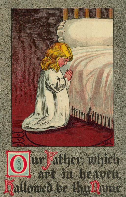 Bambino a letto che recita il Padre Nostro (litografia a colori) da English School