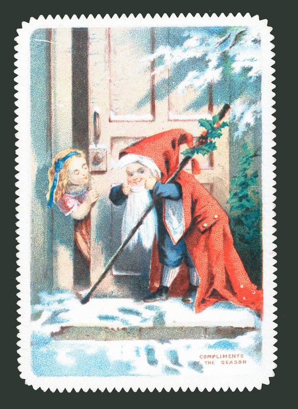 Bambino vestito da Babbo Natale che bussa alla porta da English School