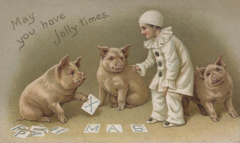 Bambino in costume da Pierrot con tre maiali, cartolina di Natale (cromolitografia) da English School