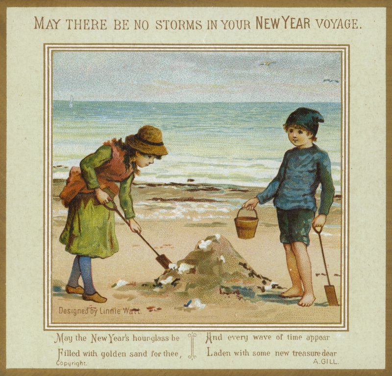 Bambini che giocano sulla spiaggia - Cartolina di Capodanno da English School