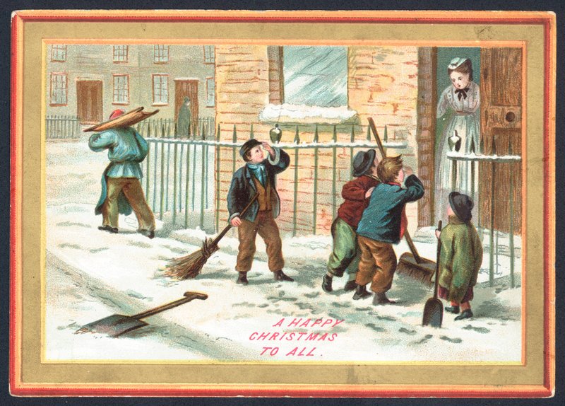 Bambini che puliscono la neve e bussano alle porte da English School