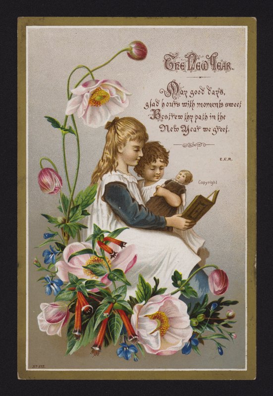 Bambini che leggono un libro, cartolina di auguri di Capodanno, fine XIX o inizio XX secolo da English School
