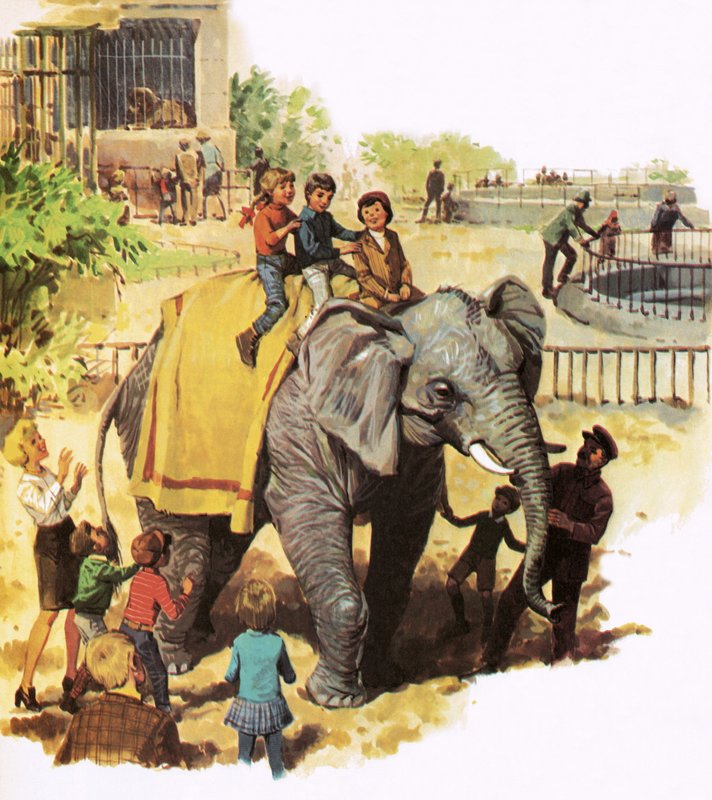 Bambini che cavalcano Jumbo allo zoo di Londra da English School