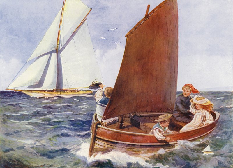 Bambini che navigano e osservano uno yacht di passaggio (litografia a colori) da English School