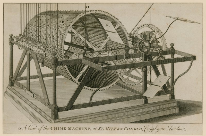 Macchina del carillon nella Chiesa di San Giles, Cripplegate, Londra da English School