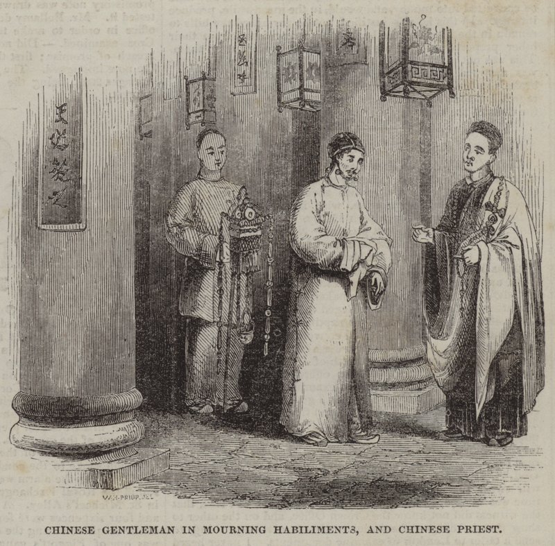 Gentiluomo cinese in abiti da lutto e sacerdote cinese da English School