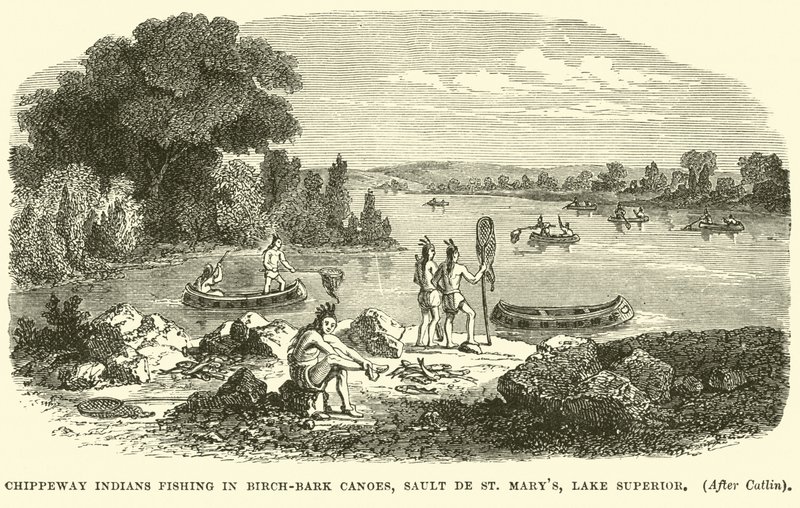Indiani Chippeway che pescano in canoe di corteccia di betulla, Sault de St Marys, Lago Superiore da English School