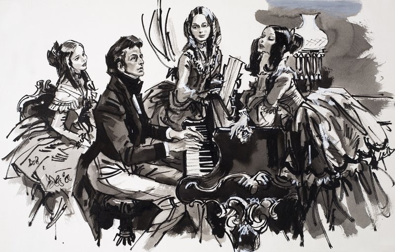 Chopin con ammiratrici (gouache su carta) da English School