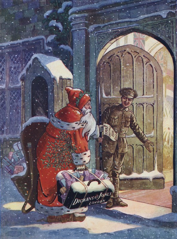 Pubblicità di Natale che mostra Babbo Natale che porta doni ai soldati della Prima Guerra Mondiale dal grande magazzino Dickins and Jones (litografia a colori) da English School