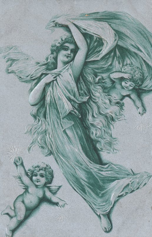 Cartolina di Natale con un angelo e due cherubini da English School