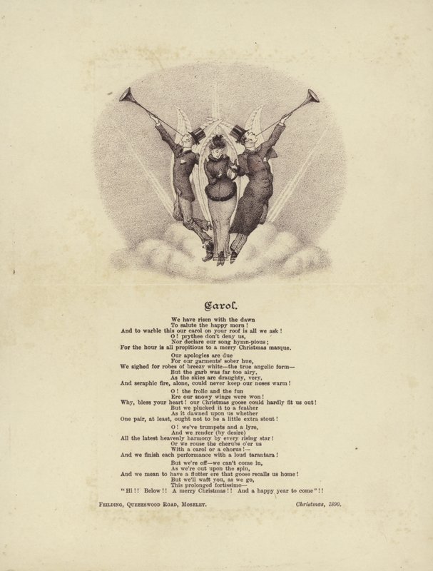 Canto di Natale con immagine di tre angeli in abiti vittoriani da English School