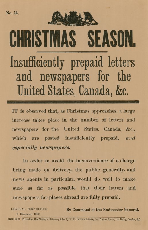 Avviso postale natalizio per ordine del Postmaster General, 9 dicembre 1890 da English School