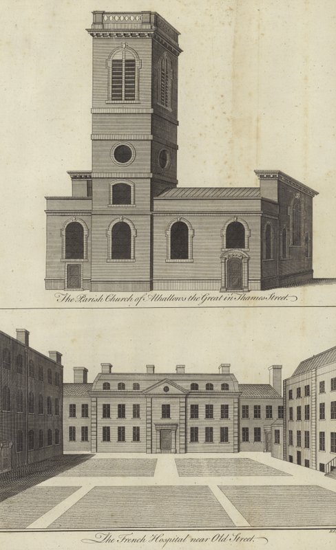 Chiesa di Allhallows the Great, Thames Street e Ospedale Francese vicino a Old Street, Londra da English School