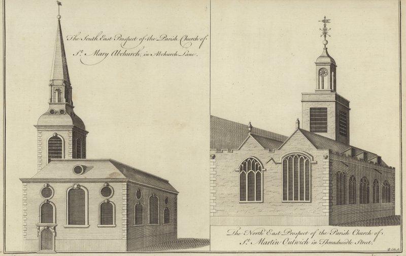 Chiesa di Santa Maria Abchurch, Abchurch Lane e Chiesa di San Martino Outwich in Threadneedle Street, Londra da English School