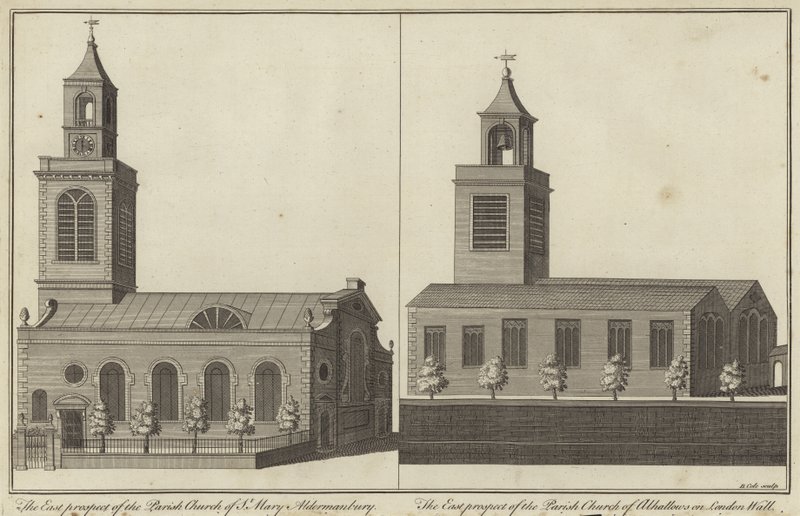 Chiesa di Santa Maria, Aldermanbury e Chiesa di Allhallows su London Wall, Londra da English School