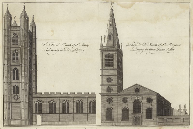 Chiesa di Santa Maria Aldermary in Bow Lane e Chiesa di San Margherita Pattens in Little Tower Street, Londra da English School