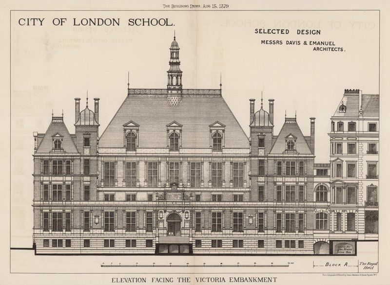 City of London School; elevazione verso il Victoria Embankment da English School