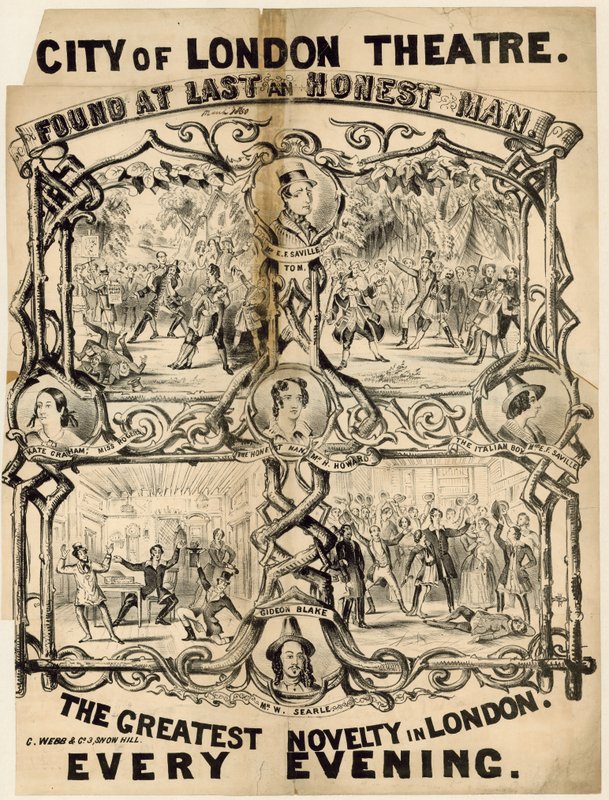 Teatro della Città di Londra. Trovato Finalmente un Uomo Onesto. Pubblicità da English School
