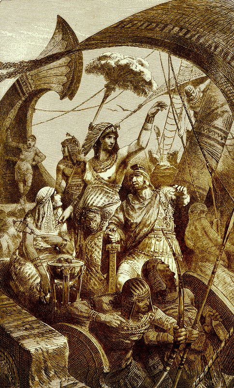 Cleopatra alla battaglia di Azio, illustrazione da The Illustrated History of the World, pubblicato c.1880 da English School