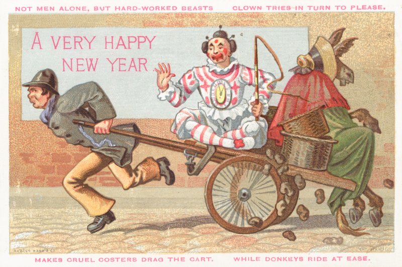 Clown e asino tirati in carrozza, cartolina di Capodanno da English School