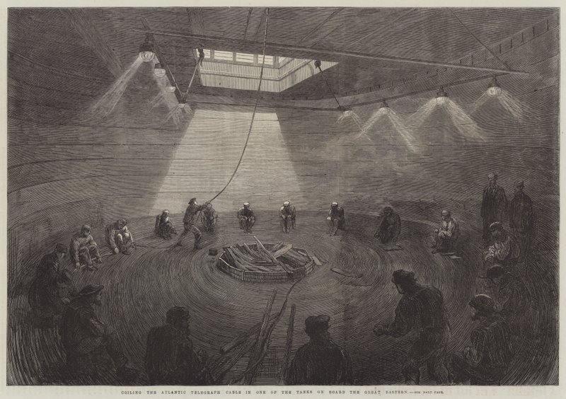 Avvolgimento del cavo telegrafico atlantico in uno dei serbatoi a bordo del Great Eastern da English School