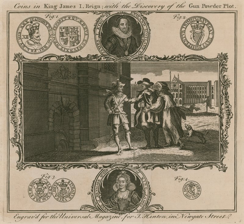 Monete nel regno di Re Giacomo I, con la scoperta della Congiura delle Polveri da English School