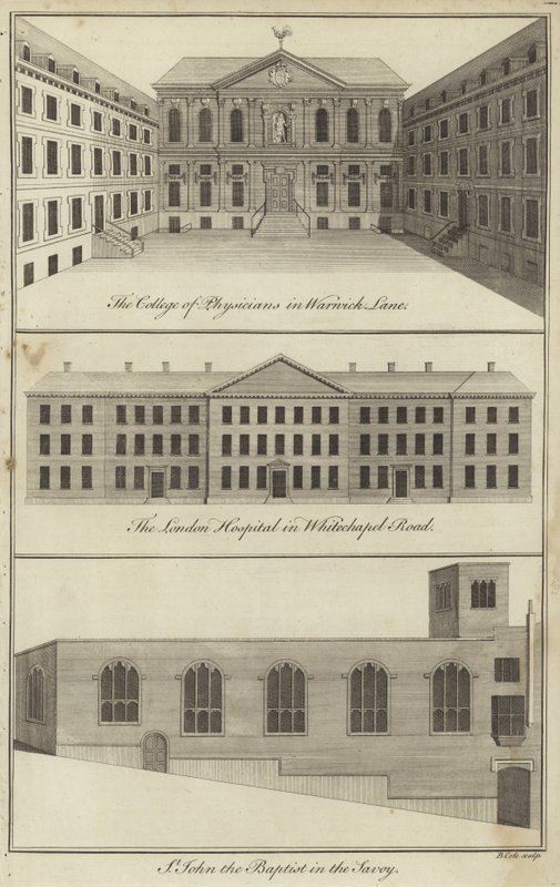 College of Physicians in Warwick Lane, London Hospital in Whitechapel Road e Chiesa di St John the Baptist nel Savoy, Londra da English School