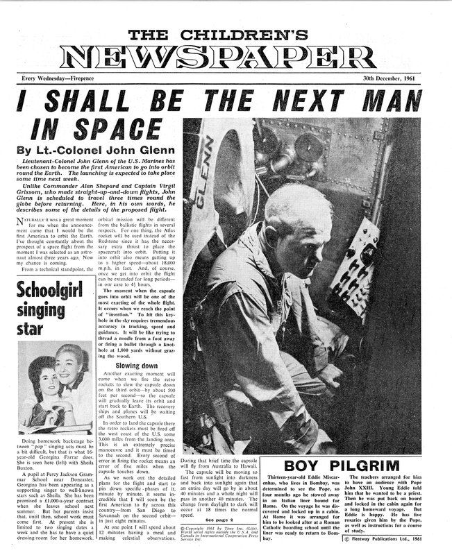 Colonnello John Glenn, prima pagina di 