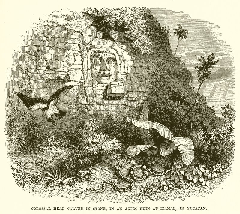 Testa colossale scolpita nella pietra, in una rovina azteca a Izamal, nello Yucatan da English School