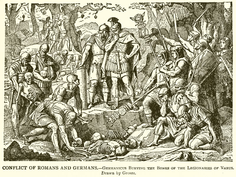 Conflitto tra romani e germani. Germanico seppellisce le ossa dei legionari di Varo da English School