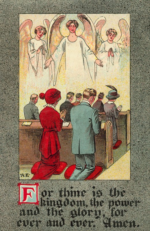 Congregazione che recita il Padre Nostro (litografia a colori) da English School