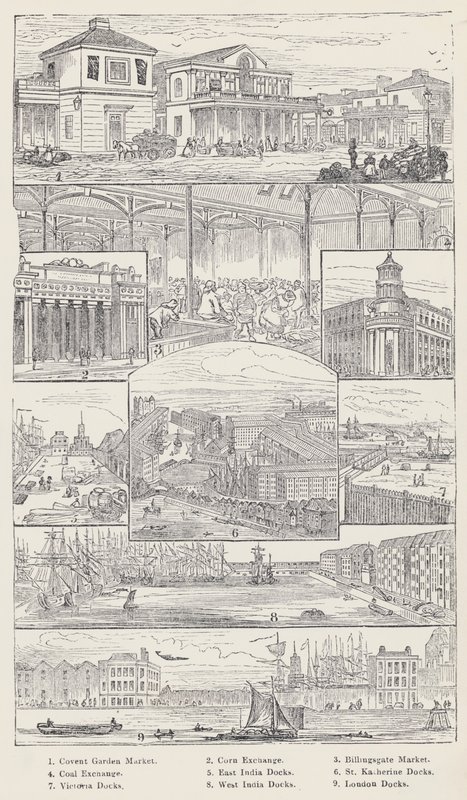 Convent Garden Market, Corn Exchange, Billingsgate Market, Coal Exchange, East India Docks, St Katherine Docks, Victoria Docks, West India Docks, London Docks (incisione) da English School