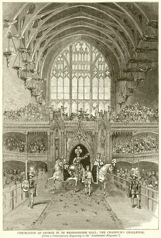 Incoronazione di Giorgio IV nella Westminster Hall: La Sfida del Campione da English School