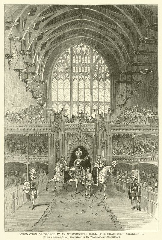 Incoronazione di Giorgio IV nella Westminster Hall, la sfida del campione, da un