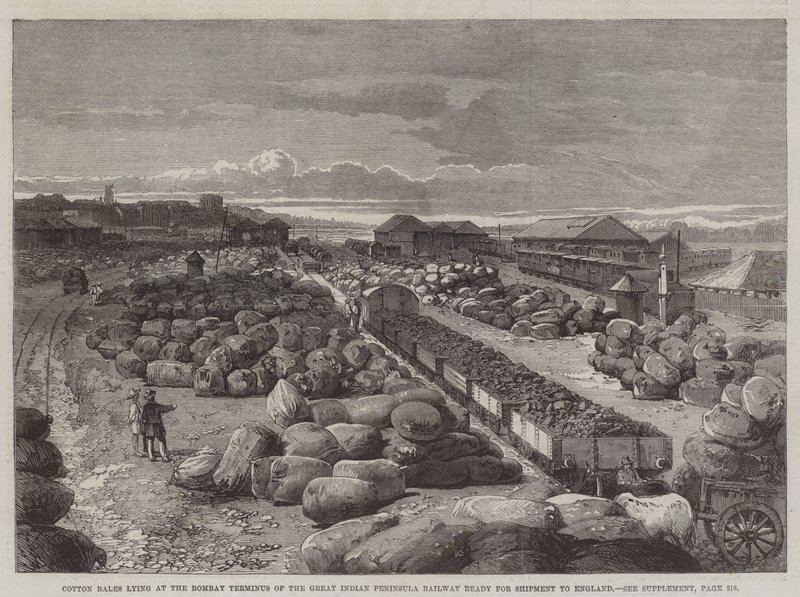 Balle di cotone al terminal di Bombay della Great Indian Peninsula Railway pronte per la spedizione in Inghilterra da English School